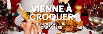 Slogan « Vienna à Croquer. Cuisine, culture, caractère » en arrière-plan Nourriture sur une table