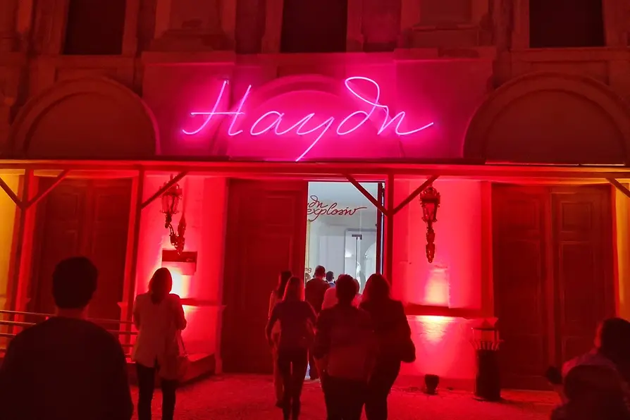 Leuchtschrift Haydn an Gebäude