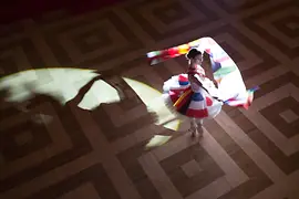 A dancer is dancing in a dress featuring national flags