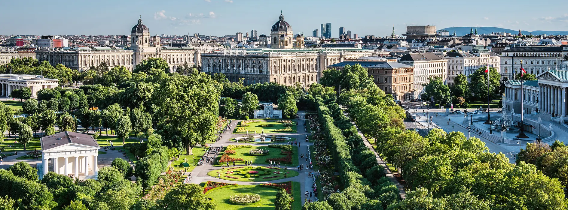 View of the Volksgarten, the Natural History and Art History Museums and the Parliament